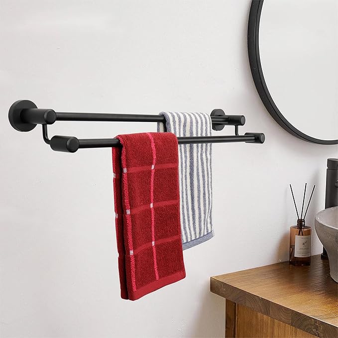 TocTen Double Bath Towel Bar - Thicken SUS304 Stainless Steel Towel Rack for Bathroom, Bathroom Accessories Double Towel Rod Heavy Duty Wall Mounted Towel Holder (Black,24IN)