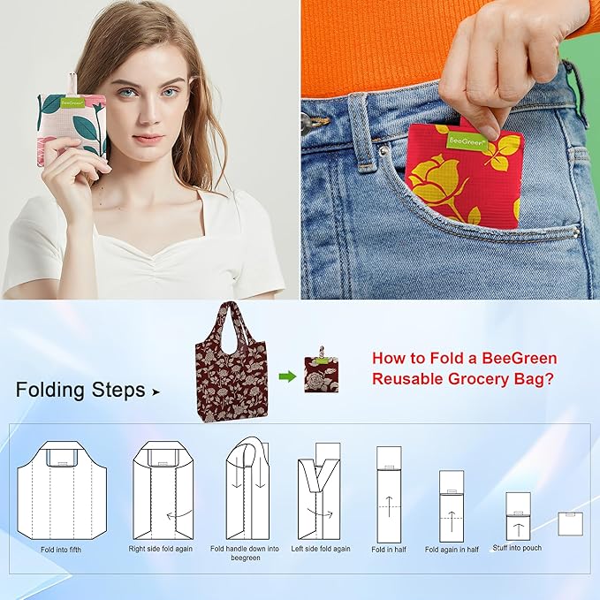 BeeGreen Reusable Grocery Bags 6 Pack, Heavy Duty Totes for Women, Foldable Grocery Bag Large Shopping Totes with Handles for Work, Travel, Gift, Store, Polyester Washable Reusable Tote Bag-NeatNest