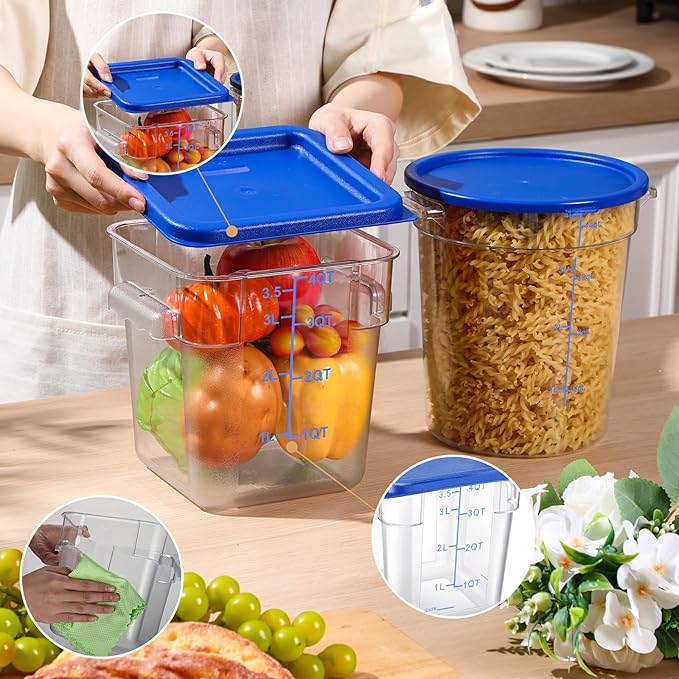 4 Pcs Food Storage Container with Lids Set 4 Qt Square and Round Clear PC Commercial Containers with Scale Handle for Home Restaurant Kitchen Food Storage, Dough Rise, Flour (Blue)