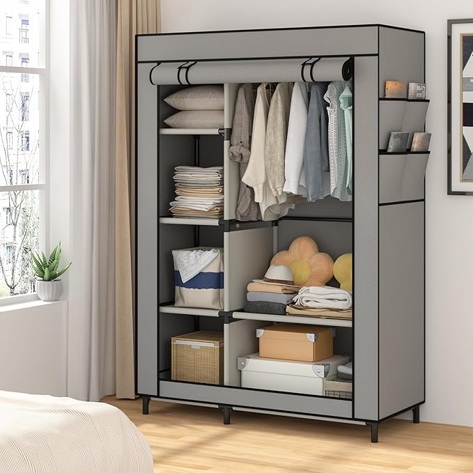 Calmootey Portable Closet Organizers, Clothing Storage, Wardrobe with 6 Shelves and Hanging Rod, Non-Woven Fabric Cover with 4 Side Pockets, Grey-NeatNest