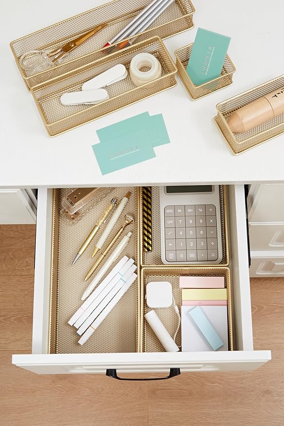 Annova Stackable Mesh Drawer Cabinet and Shelf Organizer Bins Storage Basket School Office Supply Holder Tray- Set of 2 (Gold, 3x3x2 Inch)-NeatNest