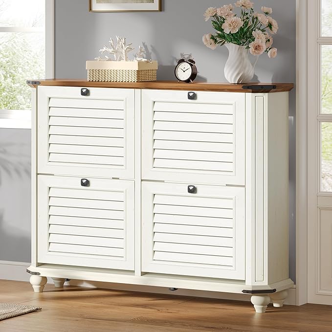 DWVO Shoe Cabinet with 4 Flip Drawers, Farmhouse Shoe Rack with Shutter-Doors, Wooden Entryway Shoe Storage Organizer, Rustic Hidden Shoe Cabinet for Foyer, Hallway, Living Room, White-NeatNest