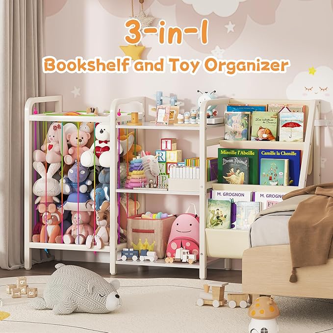 B1 Kids Bookshelf and Toy Storage, 3-Tier Book Shelf for Kids Rooms, Sling Baby Bookcase with Stuffed Animal Storage, Montessori Toddler Bookshelf for Nursery, Bedroom, Playroom, White