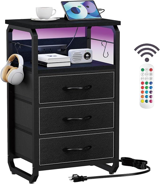 Bed Side Table with 3 Fabric Drawers, Black Night Stand, LED Nightstand with Hooks, Bedside Table with Charging Station, End Table with Storage, Night Table for Living Room, Bedroom, Dorm-NeatNest