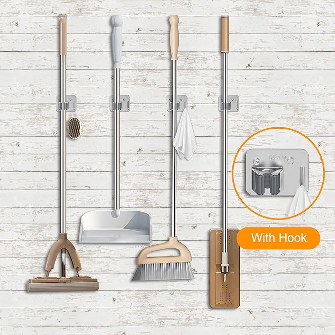 4 Pack Stainless Steel Mop and Broom Holder Wall Mount with Hook, Screw Drilling Mop and Broom Hanger, Single Heavy Duty Storage Rack for Laundry Garage Closet Garden Tool Organizer, Silver-NeatNest