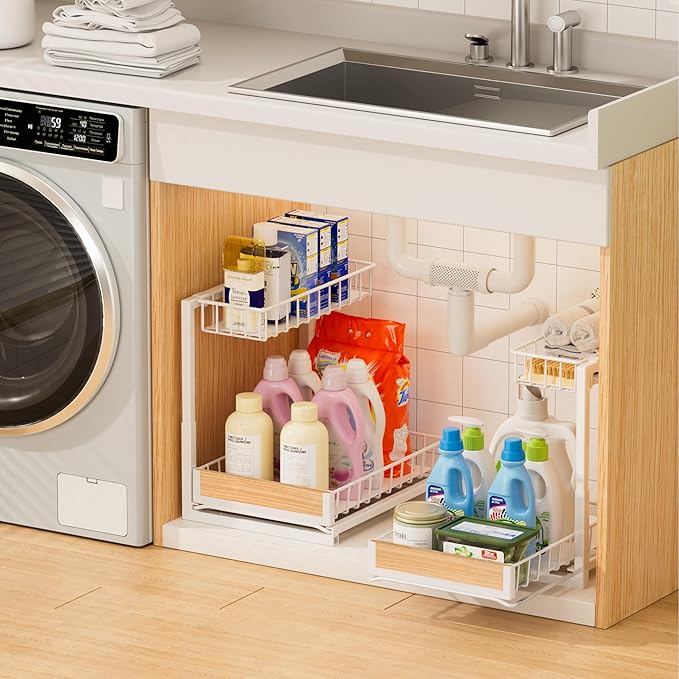 Delamu 2 Pack Under Sink Organizer and Storage, Height Adjustable Under Kitchen Sink Organizer, 2 Tier Pull Out Under Cabinet Organizer, White Under Counter Storage for Kitchen Bathroom-NeatNest