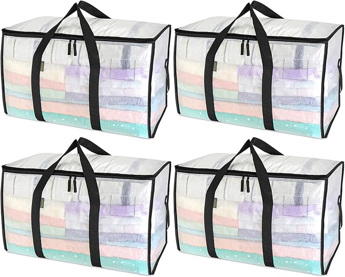 BALEINE 4-Pack Oversized Moving Bags with Reinforced Handles, Heavy-Duty Storage Tote for Clothes, Moving Supplies (Clear, 4-Pack)-NeatNest