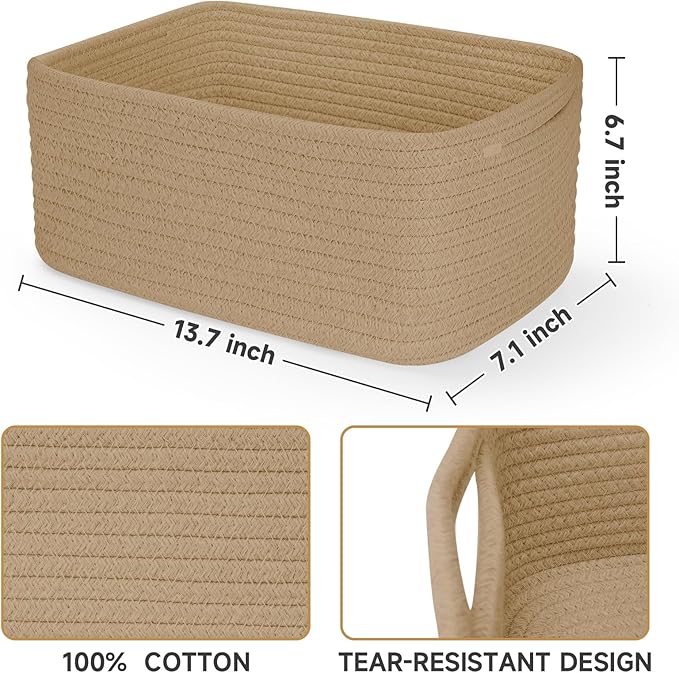 3-Pack Storage Baskets for Organizing | Woven Shelf Toy Basket | Rope Baskets for Gifts Empty | Closet Organizer Bins with Handles | Cube Decorative Box | 13.7×7.1×6.7” | Brown-NeatNest