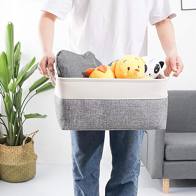 Fabric Storage Basket Set of 3, Foldable Linen Storage Box for Nursery and Home, Collapsible Canvas Shelf Basket for Wardrobe or Bedroom, Grey and White