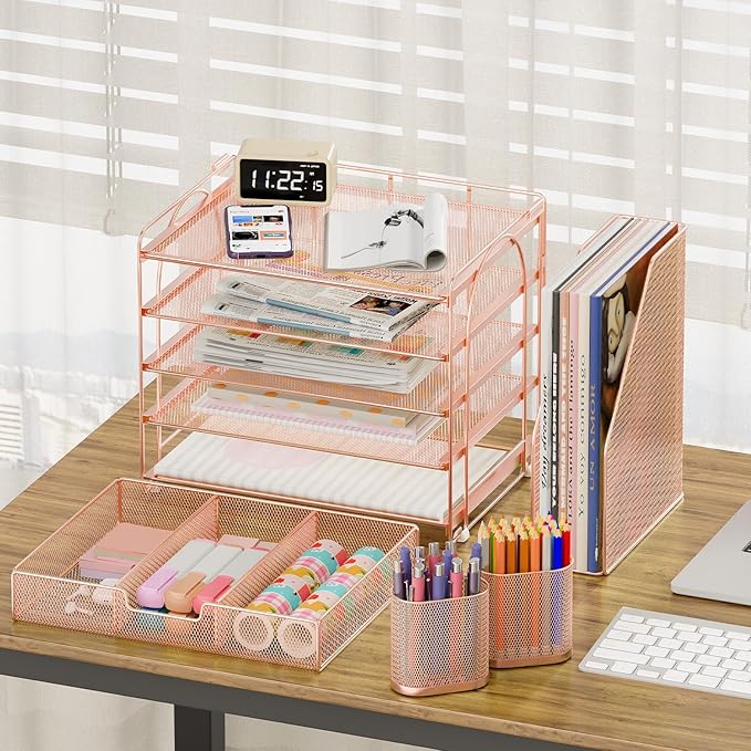 Desk Organizers and Accessories, 5-Tier Paper File Organizer with Drawer & Pen Holder, Office Desk Accessories Workspace Desktop Organizer for Office Supplies (Rose Gold)-NeatNest