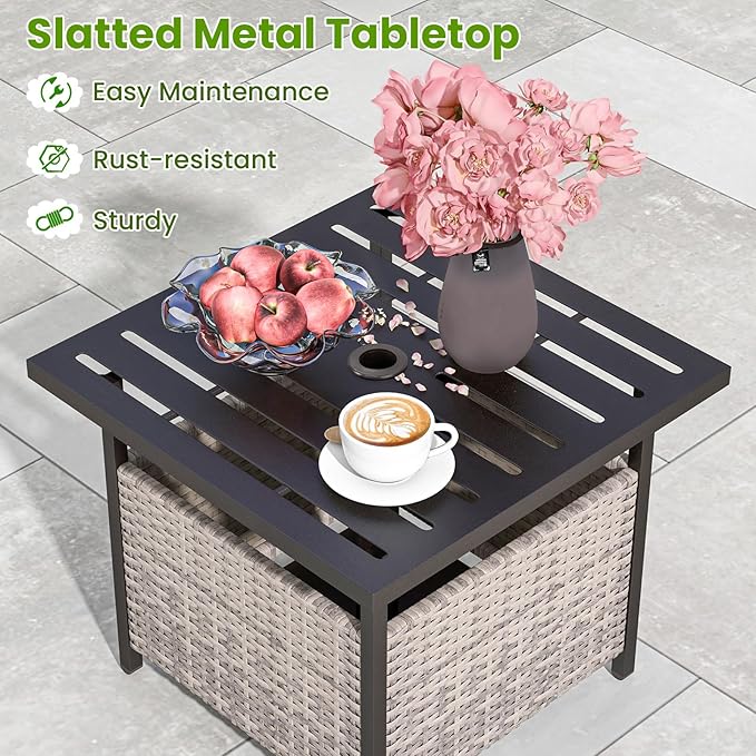 Patio Side Table with Umbrella Hole, 22" Rattan Wicker Umbrella Stand Table, Outdoor End Table for Patio, Garden, Poolside & Yard (Mix Gray)