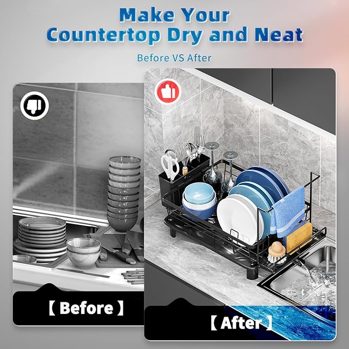 Dish Drying Rack, Compact Dish Racks for Kitchen Counter with Sponge Rack, Space-Saving Dish Drainer Drying Rack with Drainboard, Utensil Holder and and Automatic Drainage Drainboard, Black
