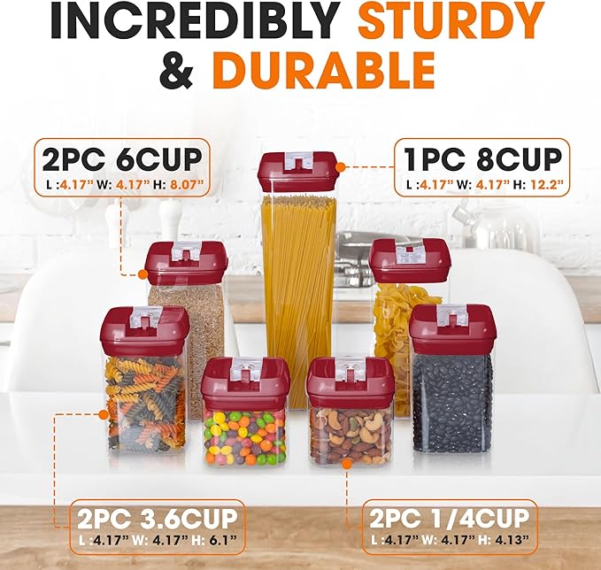 Cheer Collection Airtight Food Storage Containers – Set of 7 Stackable Pantry Organizers with Secure Lids, Kitchen Containers for Dry Goods, Flour, Sugar & More, Red
