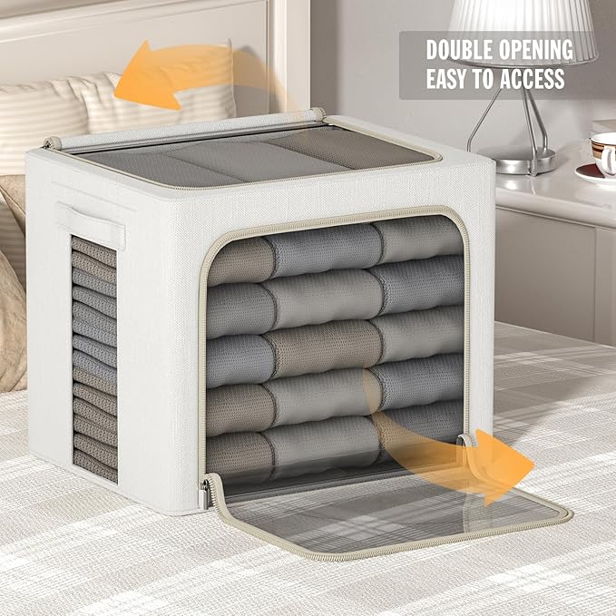 6 Pack Clothes Storage Bins with Metal Frame Clothing Storage Bins with Lid Linen Fabric Storage Box With Clear Window& Zippers& Durable Handles (Medium-30L, Count, 6)-NeatNest