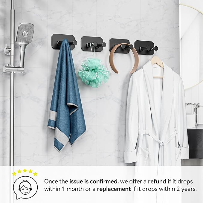 Adhesive Shower Hooks for Bathroom - Heavy Duty Hooks for Towel, Shaver, Robe and Loofah, Razor Holder, Wall Mounted, Black, 4 Pack