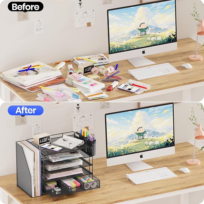 Desk Organizers and Accessories, 5-Tier Paper File Organizer with Drawer & Pen Holder, Office Desk Accessories Workspace Desktop Organizer for Office Supplies(Black)-NeatNest