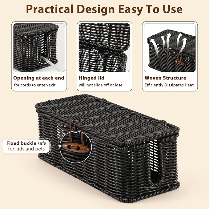 Cable Management Box, Handwoven Faux Rattan Cord Organizer Box with Lid, 2 Open Slots Cable Organizer Box, Decorative Cord Hider Box for Tv Computer USB Hub & Power Strip Holder