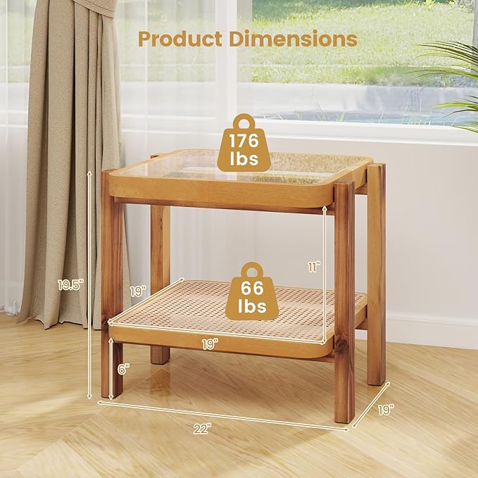 Giantex Rattan Side Tables Set of 2, Boho End Tables for Living Room, Narrow Bedside Tables with Tempered Glass Top, Wood Accent Tables with Storage Shelf, 2-Tier Nightstands for Bedroom Small Spaces