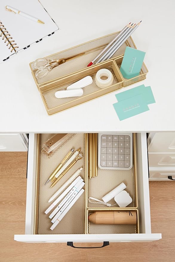 Annova Mesh Stackable Drawer Cabinet and Shelf Organizer Bins Storage Basket School Office Supply Holder Tray- Set of 2 (Gold, 6x9x2 Inch)-NeatNest