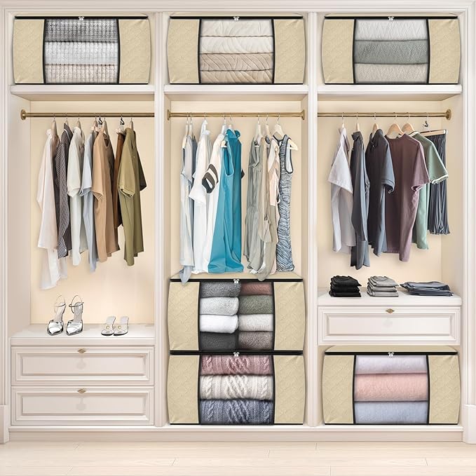 Fab totes 4 Pack Clothes Storage, Foldable Thick Fabric Blanket Storage Bags, Containers for Organizing Bedroom, Closet, Clothing, Comforter,Organization with Handle,Beige-NeatNest