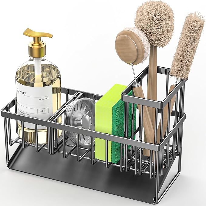 Cisily Kitchen Sink Caddy Organzier with High Brush Holder, Sponge Holder for Sink, 304 Rustproof Stainless, Kitchen Countertop Soap Dispenser Organizer, Kitchen Decor and Accessories-NeatNest