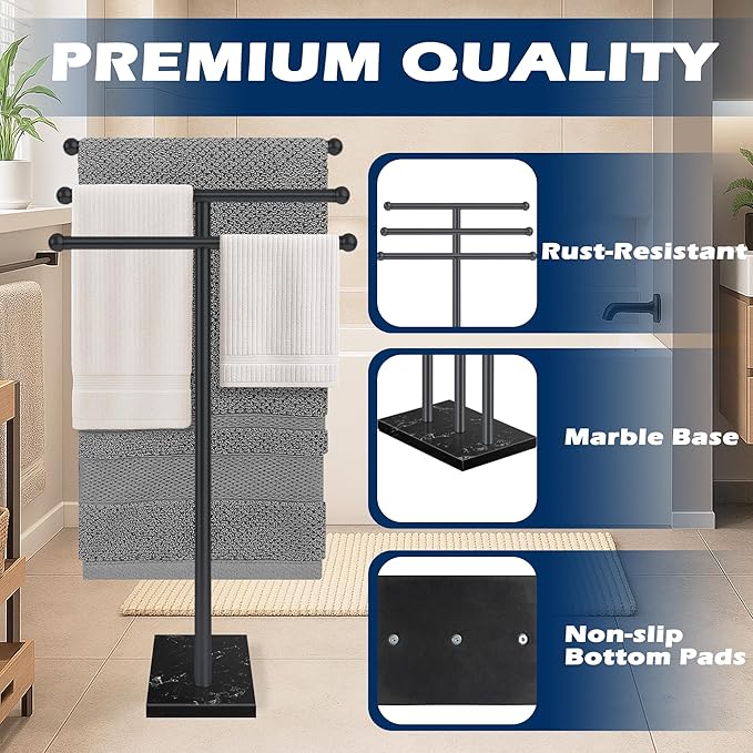 3-Tier Freestanding Towel Rack with Marble Base,Standing Tower Rack Fits Versatile Space,Stable Towel Racks for Bathroom, Matte Black Finish