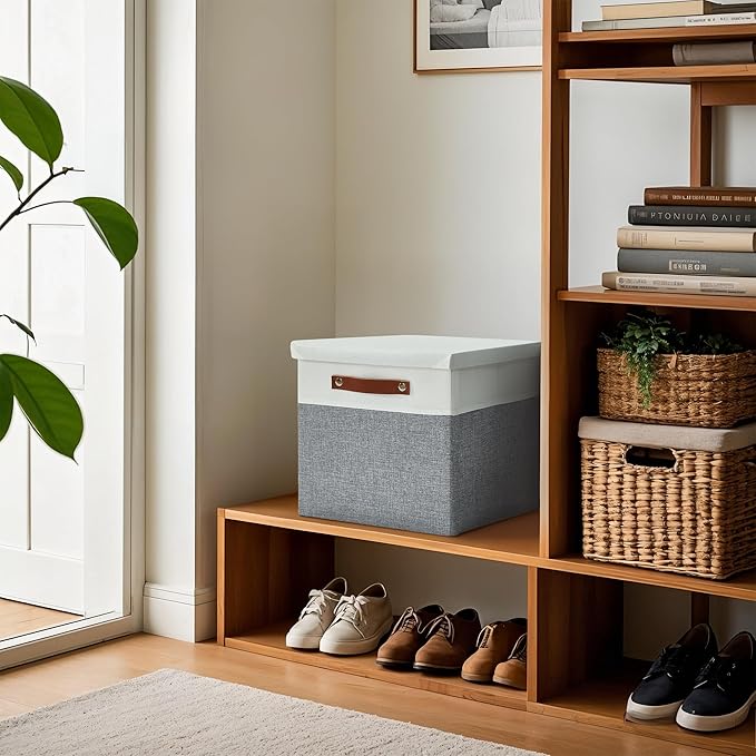 DECOMOMO Storage Basket with Lid, Storage Cubes with Handles, Fabric Box with Lid (Grey and White, 13” / 3 Pack)-NeatNest