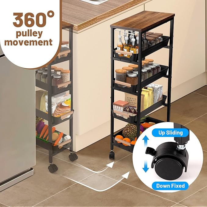 Slim Storage Cart, 5-Tier Narrow Rolling Kitchen Laundry Room Cart with Drawer and Wheels, Metal Utility Cart Slide Out Organizer for Small Spaces (Black)