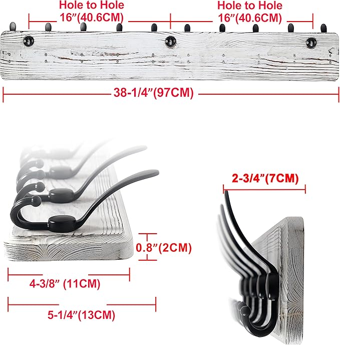 Dseap Wall Mounted Coat Rack with 10 Tri Hooks: Wooden Coat Hook Hanger for Coats Towels Hats Clothes, White & Black