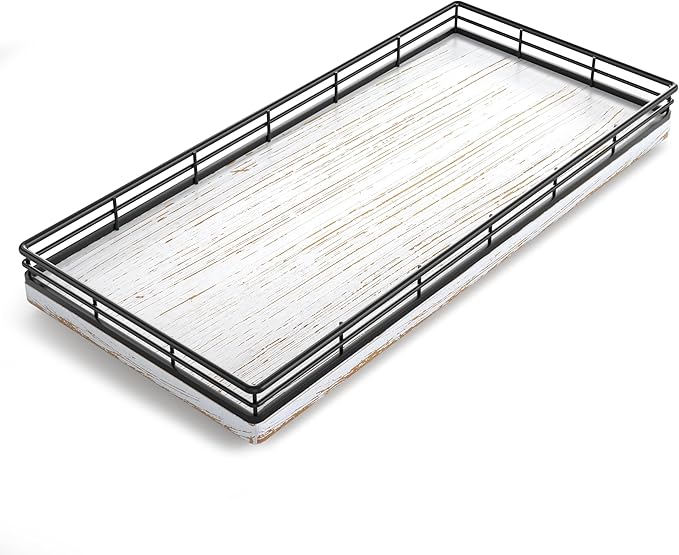 Bathroom Toilet Tank Tray, 13" Wood Toilet Paper Storage Basket Tray Back of Toilet Basket Organizer,Vanity Tray for Perfume Makeup Candle Decor, Black & Farmhouse White-NeatNest