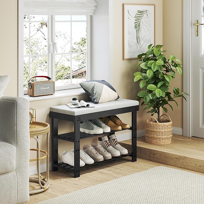 Bamboo Shoe Bench, 3-Tier Shoe Rack, Entryway Bench with Cushion and Adjustable Shelves, Shoe Rack for Entryway, Hallway, Mudroom and Living Room, Black