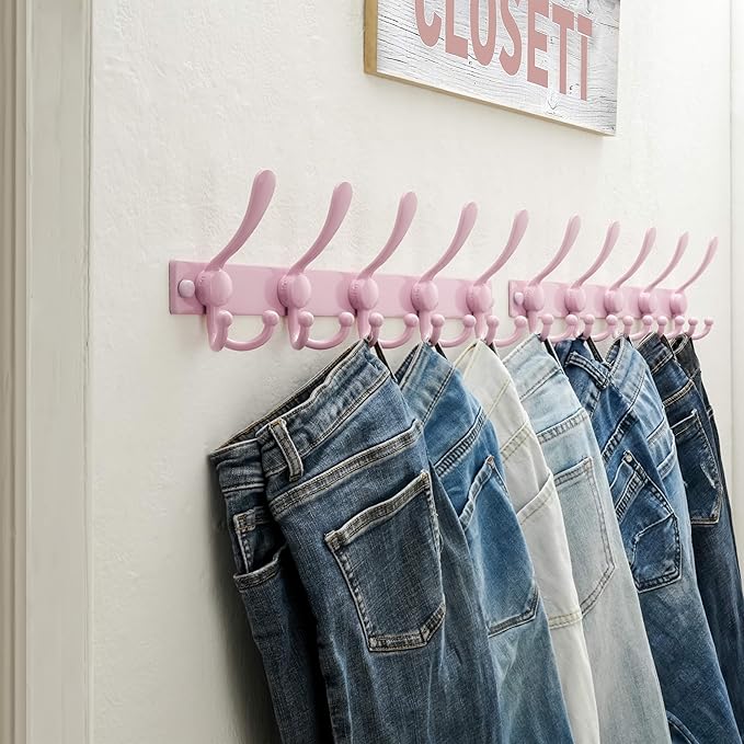 Dseap Coat Rack Wall Mount 2.0 Pro: Heavy Duty 300% Thicker, 16" Stud Mount, Stainless Steel Wall Coat Hooks Hanger for Clothes Jackets Hats Entryway Closet, MaxStrong Series, Pink