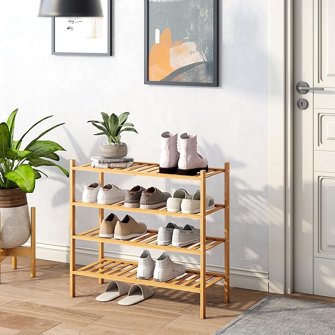 BMOSU 4-Tier Bamboo Shoe Rack Premium Stackable Shoe Shelf Storage Organizer for Hallway Closet Living Room Entryway Organizer (Natural Bamboo)-NeatNest