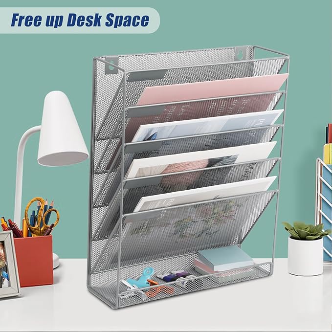 EASEPRES Desk File Organizer Mesh 6-Tier, Hanging Wall Mount Document Organization Stand, Desktop Vertical Mail Paper Folder Holder Rack with Bottom Tray for Office Home Cubicle Countertop, Gray