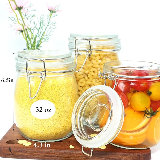 Glass Jars With Airtight Lid 32 Oz (Set Of 2) Wide Mouth Mason Glass Sealed Storage Canisters Leakproof For Coffee Sugar Nuts Spice Refrigerator Pickles & Preserves Tea For Fridge Kitchen Pantry