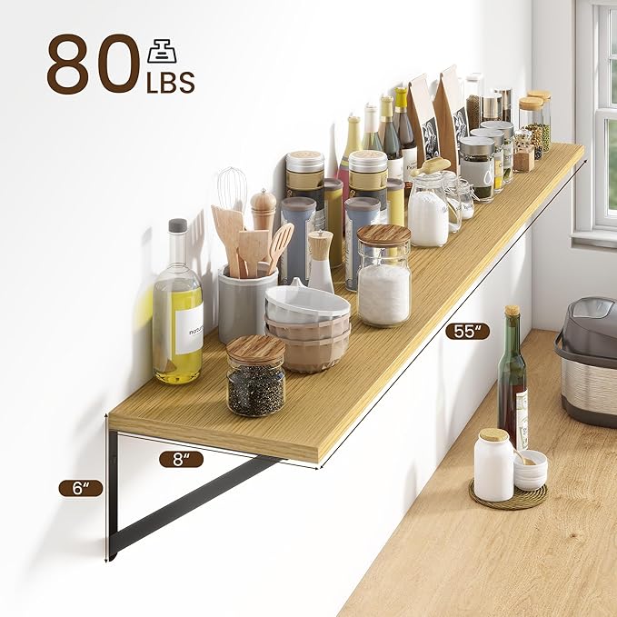 Fun Memories Deep Floating Shelves for Wall, 55W x 8D Wall Mounted Shelves Set of 2, Wide Display Ledge Shelf with Sturdy Metal Brackets for Living Room, Bathroom, Bedroom and Kitchen, Oak-NeatNest