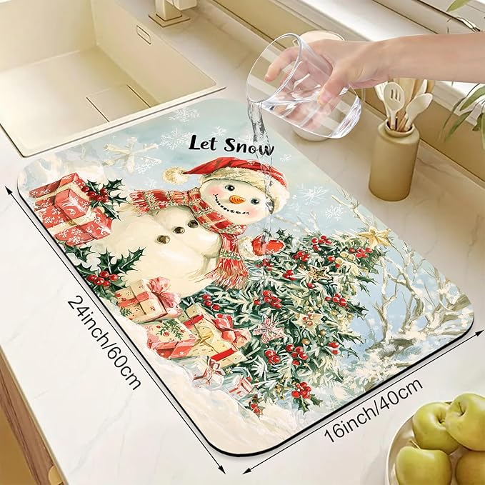 Hello Winter Dish Drying Mats for Kitchen Counter Absorbent Fast Dry Dish Drainer Rack Mats for Dishes Utensils Pot and Pan, Kitchen Accessories 24"x16"