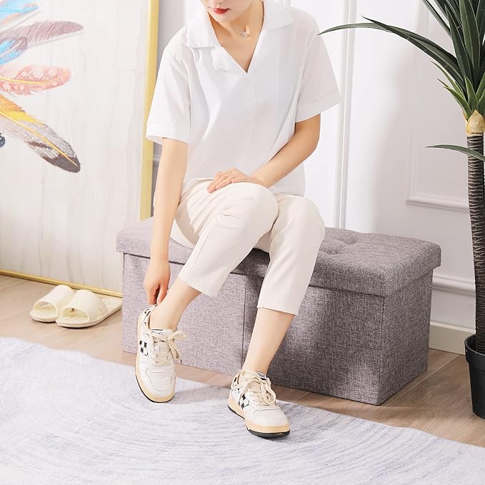 Cuyoca Foldable Seat Footrest Shoe Bench End of Bed Storage with Flipping Lid, 75L Storage Space, 30 inches Linen Fabric Grey-NeatNest