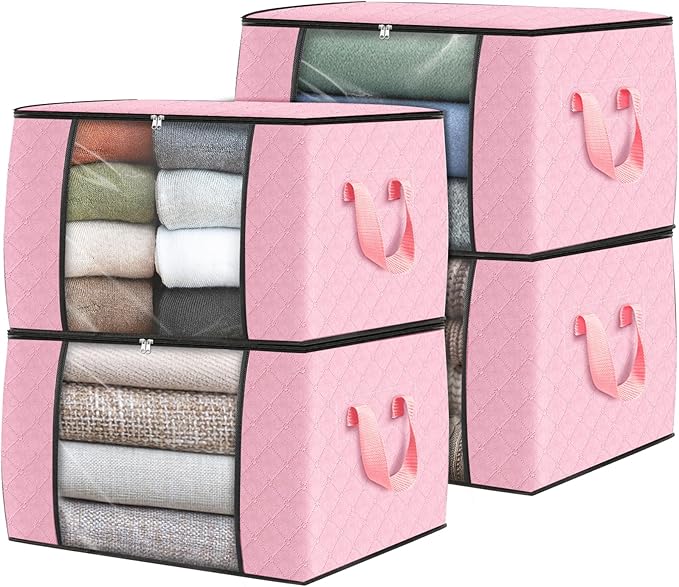 Fab totes 4 Pack Clothes Storage, Foldable Thick Fabric Blanket Storage Bags, Containers for Organizing Bedroom, Closet, Clothing, Comforter,Organization with Handle,Pink-NeatNest
