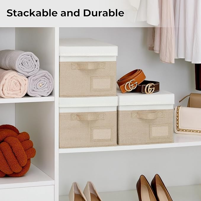 GRANNY SAYS Storage Bins with Lids, Linen Storage Bins for Shelves, Decorative Storage Boxes, Clothes Storage and Organization, Storage Boxes for Organizing, 3-Pack, Khaki&Ivory-NeatNest