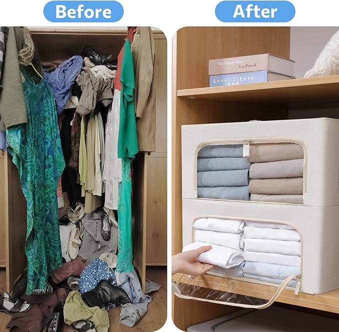 3Pack Frame Storage Box - Clothes Storage Bin Bags Oxford Fabric Foldable Stackable Container Organizer Set with Clear Window & Carry Handles (Beige, Medium-44L)-NeatNest