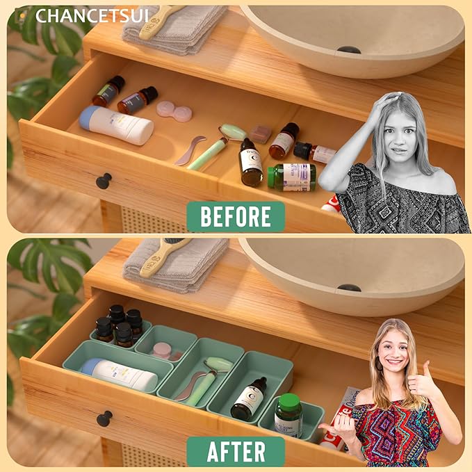 6 Pcs Stackable Drawer Organizer Set Desk Drawer Dividers, Bathroom Vanity Cosmetic Makeup Trays , Multipurpose Plastic Storage Bins for Jewelries, Kitchen Gadgets and Office Accessories, Green-NeatNest