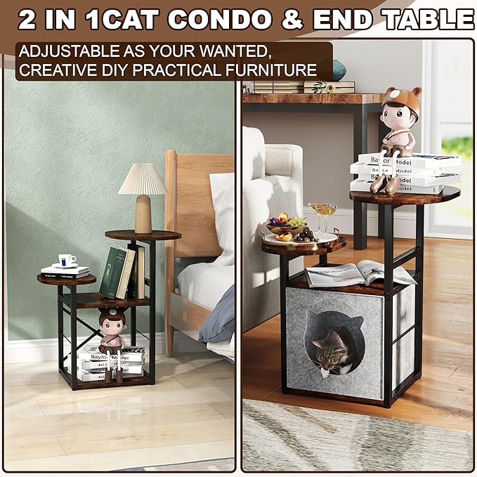 End Table, Cat Bed Table, Small Bedside Table with Removable Cat Condo, Flip Top Side Table with 3-Tiered Storage Shelves, Round Side Table, for Living Room, Bedroom, Rustic Brown and Classic Black