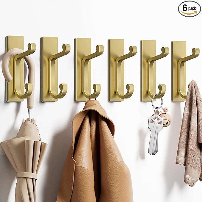 Gold Self Adhesive Wall Hooks for Coats - Stainless Heavy Duty Double Hook for Clothes, Towel, Keys, Purse, Backpack, Bag, Hat, 6 Pack Coat Hook for Door, Bathroom, Bedroom.