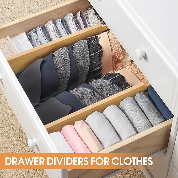 Bamboo Drawer Dividers Organizers, Kitchen Drawer Organizer, Adjustable Drawer Divider for Clothes, Kitchen, Dresser, Bedroom, Bathroom and Office, 4-Pack (Natural, 12-17 IN)-NeatNest