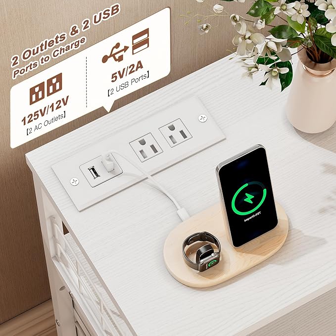 EnHomee Nightstand Set of 2, Night Stand with Charging Station & LED Lights, Bedside Table with 4 Fabric Drawers for Bedroom, Side Table with Outlets and 2 Ports, White