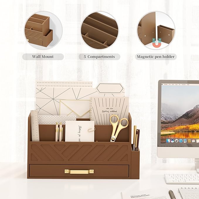 Bamboo Desk Organizer Mail Holder Countertop Wood Desk Drawer Tabletop Storage Box Pen Holder Letter Sorter Makeup Organizer for School Home Office Supplies with Pen Holder Brown-NeatNest