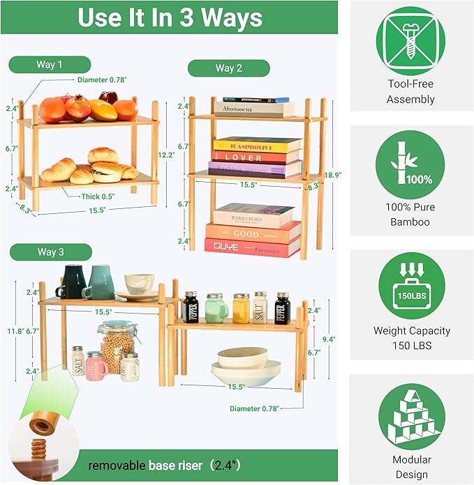 Bamboo Rack | Tool-Free Expandable (2-6 Tiers) | Kitchen Spice Organizer & Office Breakroom Snack/Cup Storage (Natural Bamboo)(Powered by Gogogo) (Natural, 15.6" W(4 Tier))-NeatNest