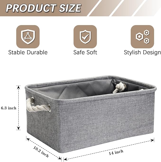 Fabric Storage Bins, 3 Pack Foldable Cube Baskets with Rope Handles, Large Collapsible Storage Cubes for Home, Office, Closet, Clothes, Books Organizer. (Gray, 3PCS/14*10.2*6.3inch)-NeatNest