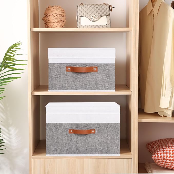 Fabric Storage Boxes with Lids, Linen Foldable Cloth Baskets, Closet Organizer Containers with Double Handles, Sweater Bins for Bedroom, White and Grey, 5 Pack, 13 x 9.1 x 7.9 Inch-NeatNest